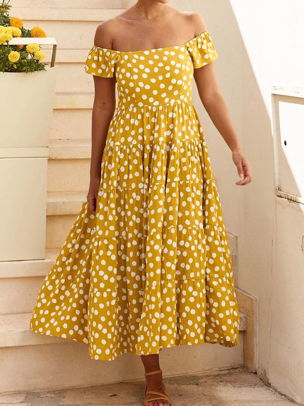 Square Neck Short Sleeve Polka Dot Flared Midi Dress