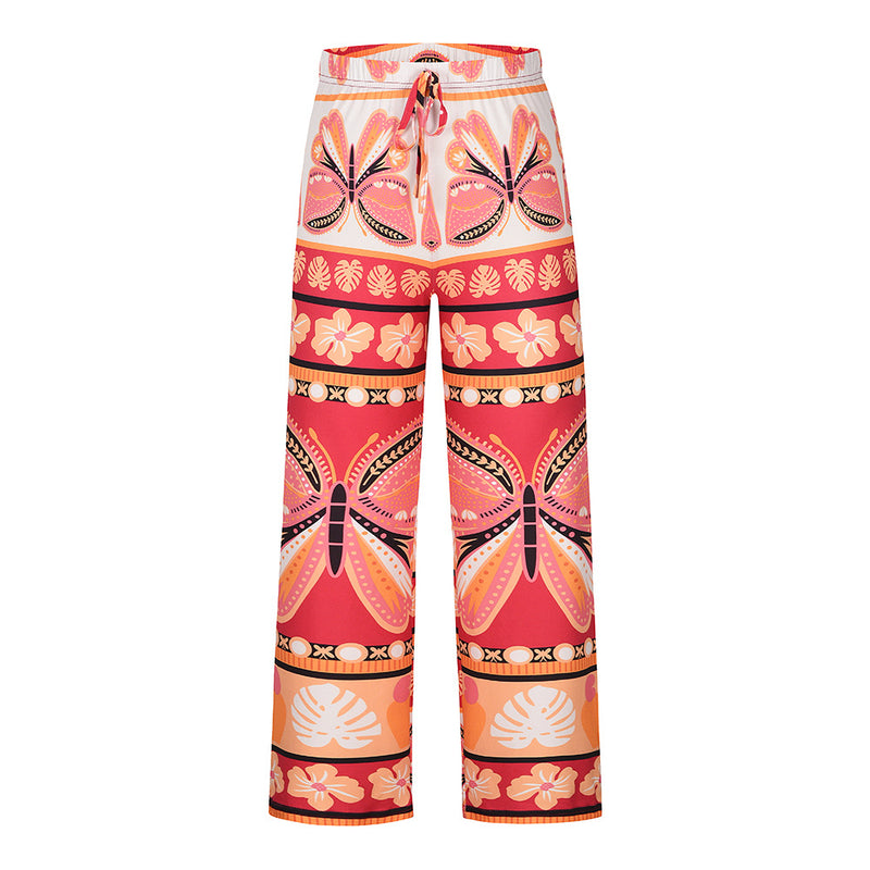 Butter Fly Print Elastic Waist Drawstring Long Pants