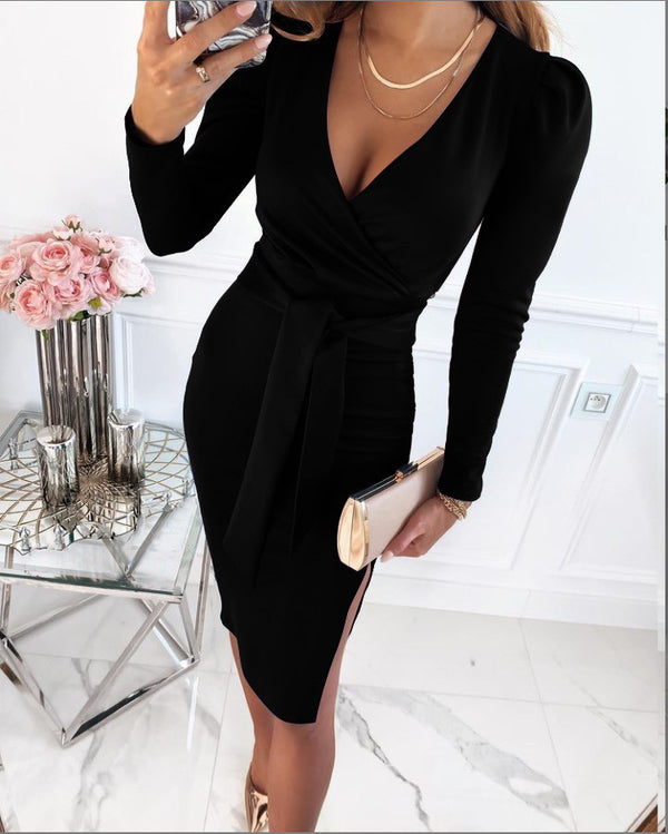 Cross V Neck Tie Waist Long Sleeve Dress