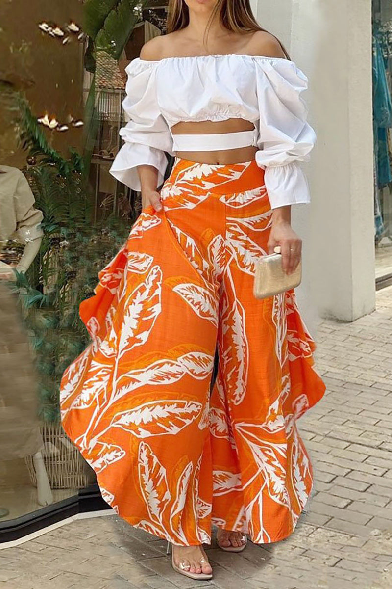 Off Shoulder Crop Top Wide Leg Pants Set