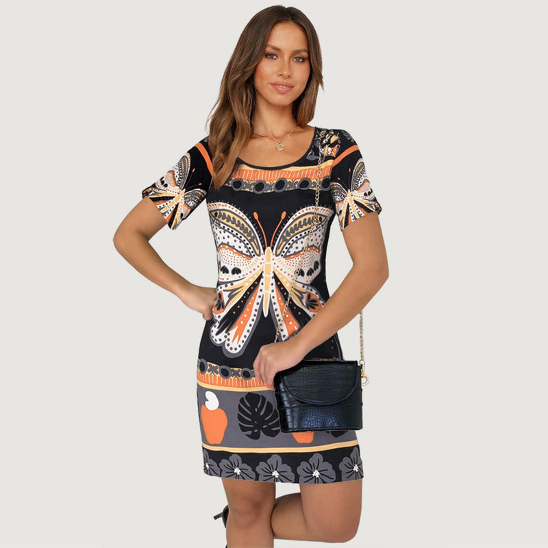 Butterfly Print Short Sleeve Round Neck Mini Dress