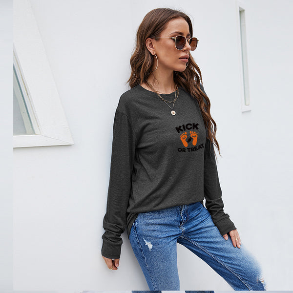 Casual Long Sleeve Round Neck Kick or Treat Printed Sweatshirt