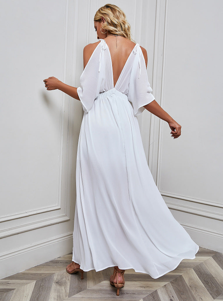 Fashion V-Neck Batwing Sleeve Side Slit Solid Maxi Dress