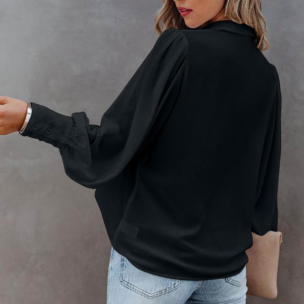 Casual V Neck Wide Long Sleeve Blouse