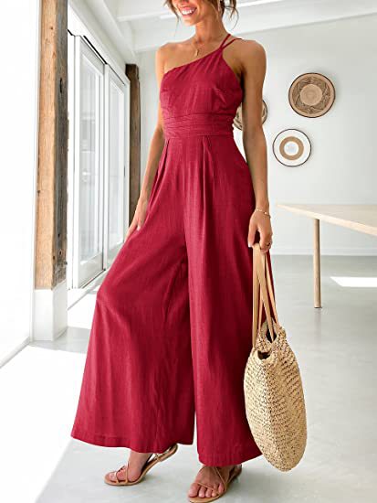 One Shoulder Wide Leg Solid Color Jumpsuit