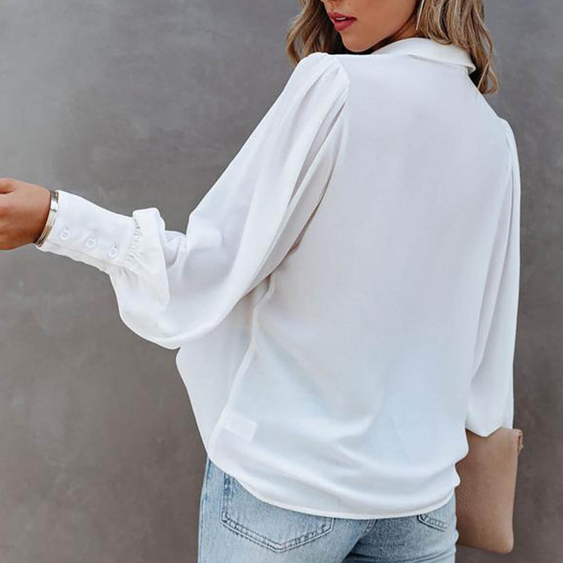 Casual V Neck Wide Long Sleeve Blouse