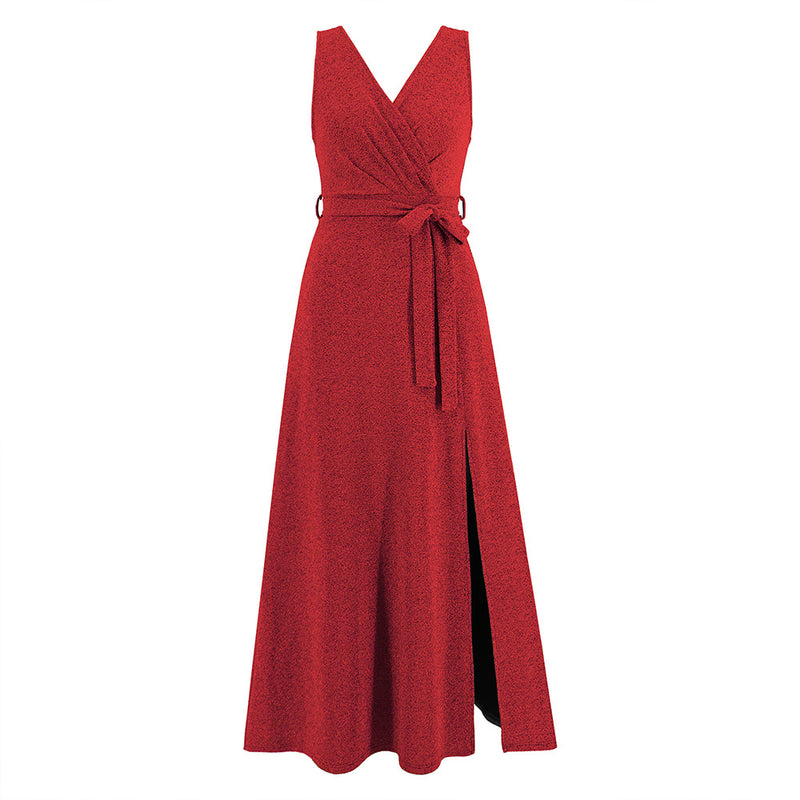 V-Neck Sleeveless Solid Color High Slit Belted Maxi Dress