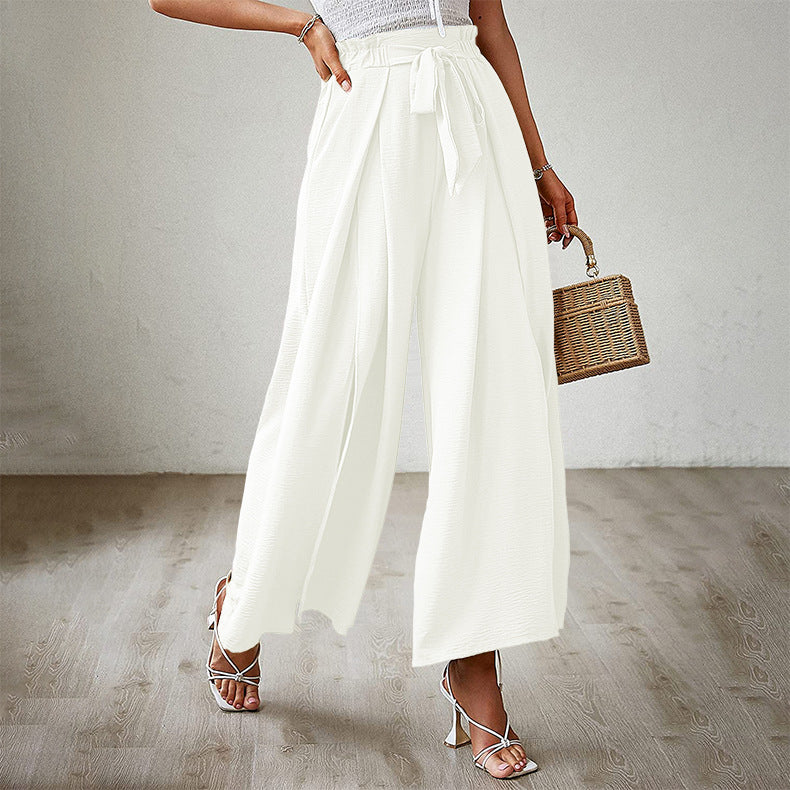 Casual Solid Waist Tie Long Wide Leg Pants