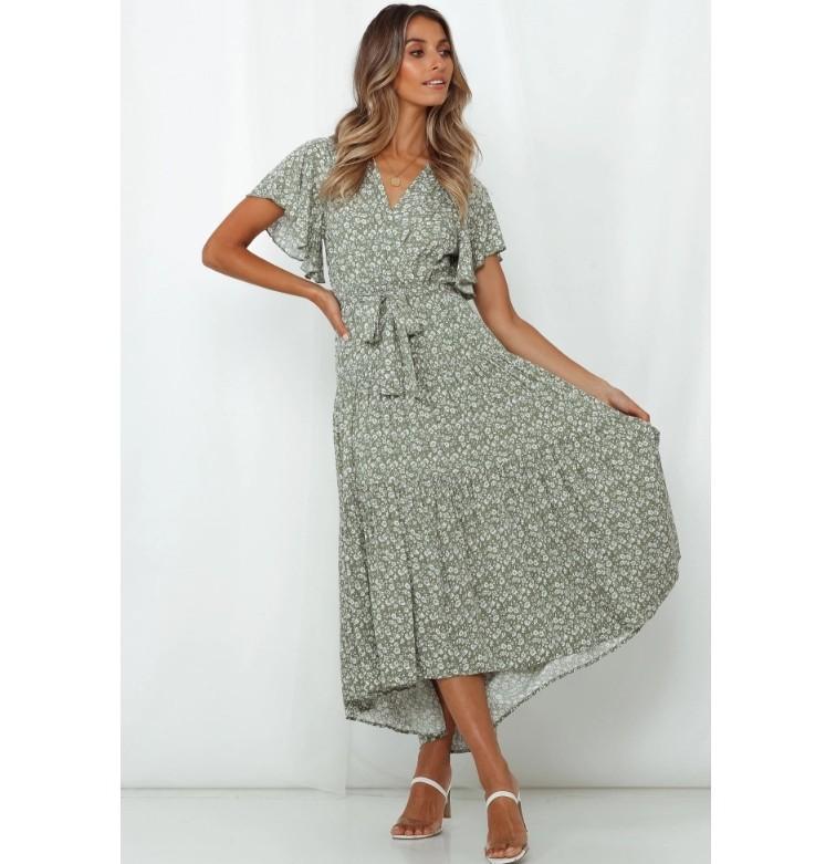 Short Sleeve Printed V-neck Midi Dress