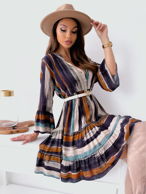 Belted Button Up V Neck Long Sleeve Wrap Mini Dress