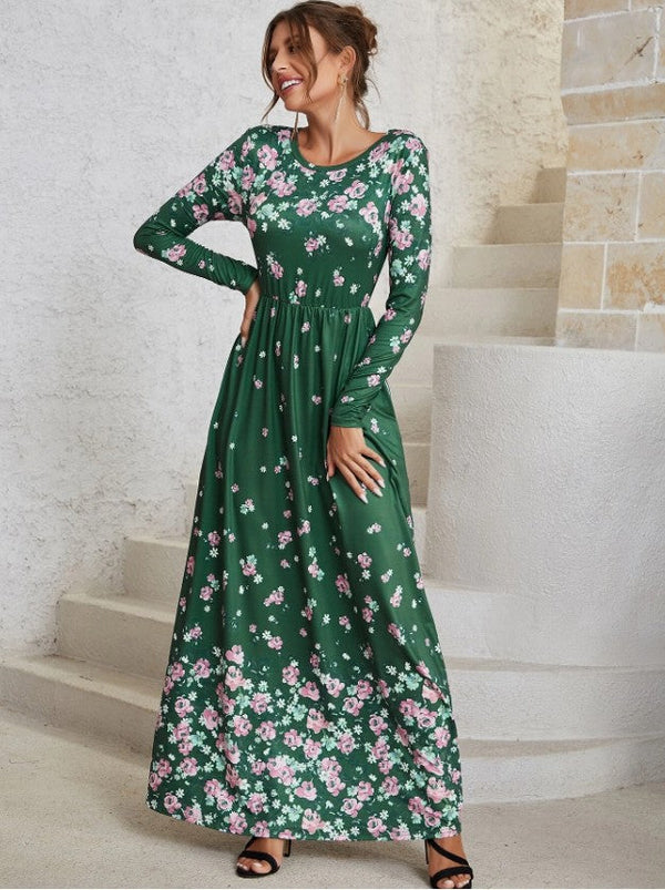 Fashion Floral Print Long Sleeve O-Neck Maxi Dress