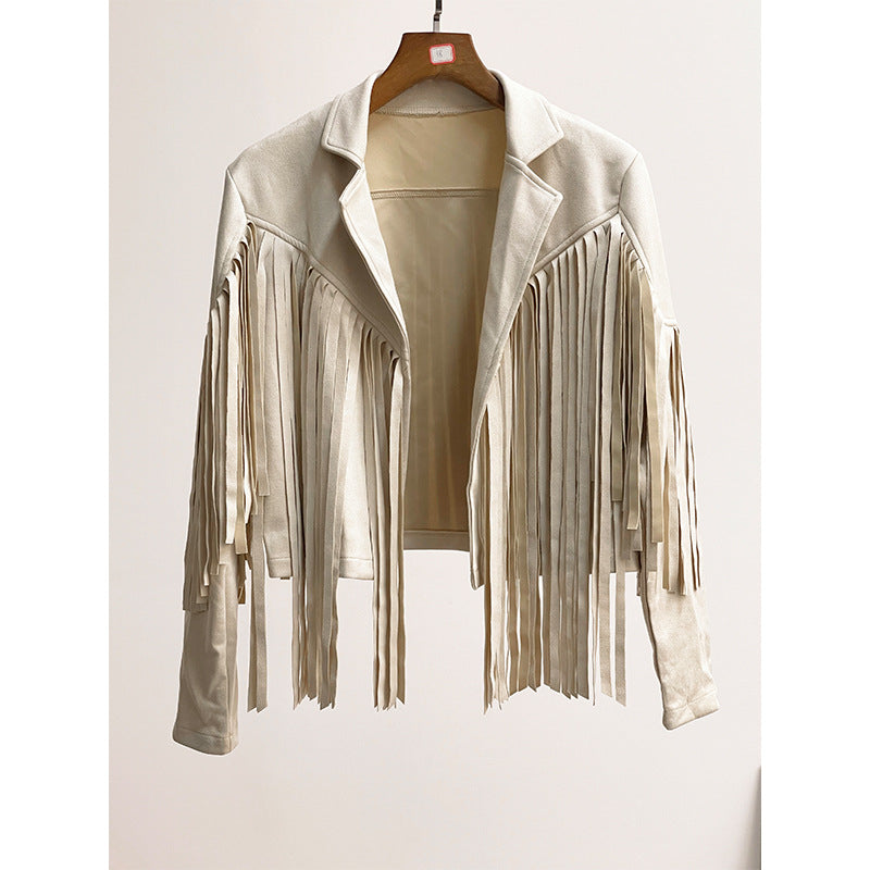 Turn Down Collar Fringed Leather Crop Jacket