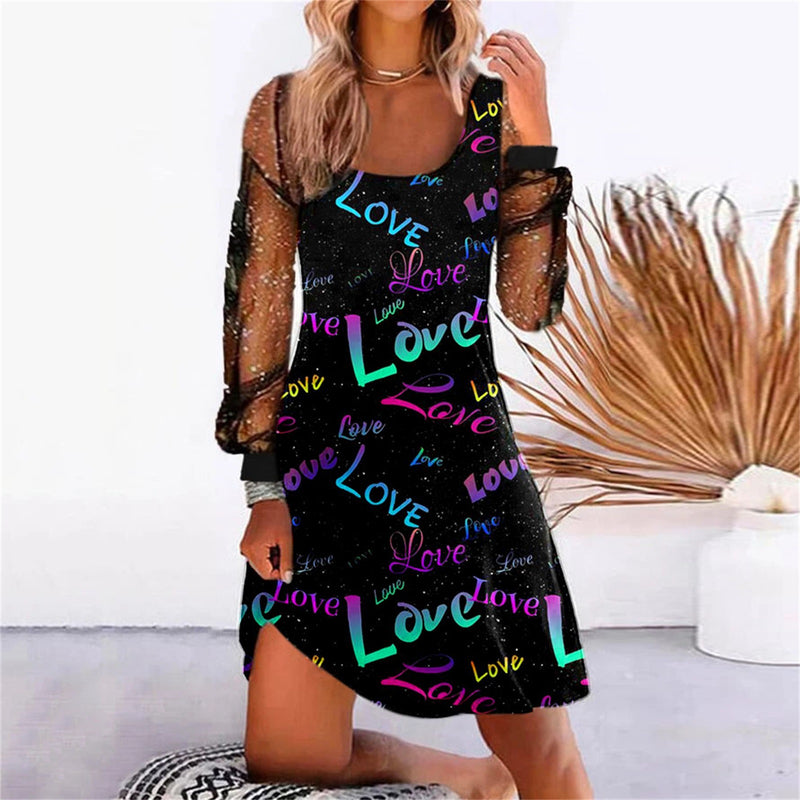 Transparent Long Sleeve Graphic Printed Mini Dress