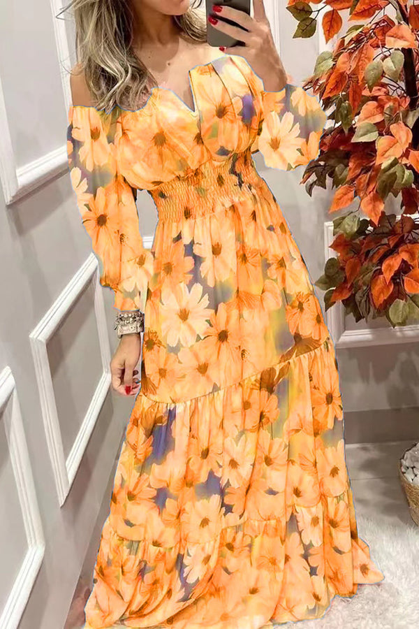 Floral Off Shoulder V Neck Maxi Dress