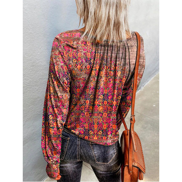 Casual Long Sleeve Scoop Neck Floral Blouse Top