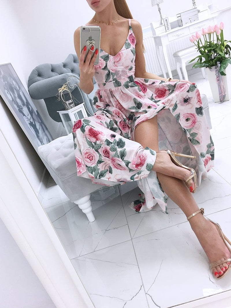 Spaghetti Strap Sleeveless Floral Side Split Maxi Dress