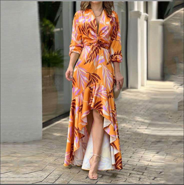 Low High Print V Neck Casual Maxi Dress