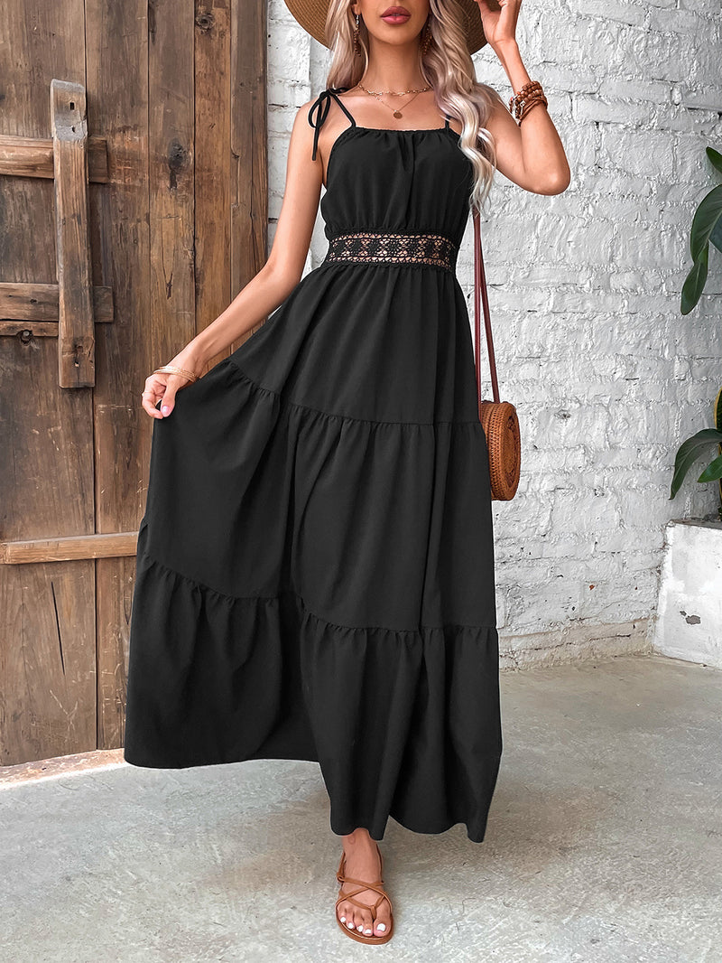 Sleeveless Strap Square Neck Solid Flared Maxi Dress