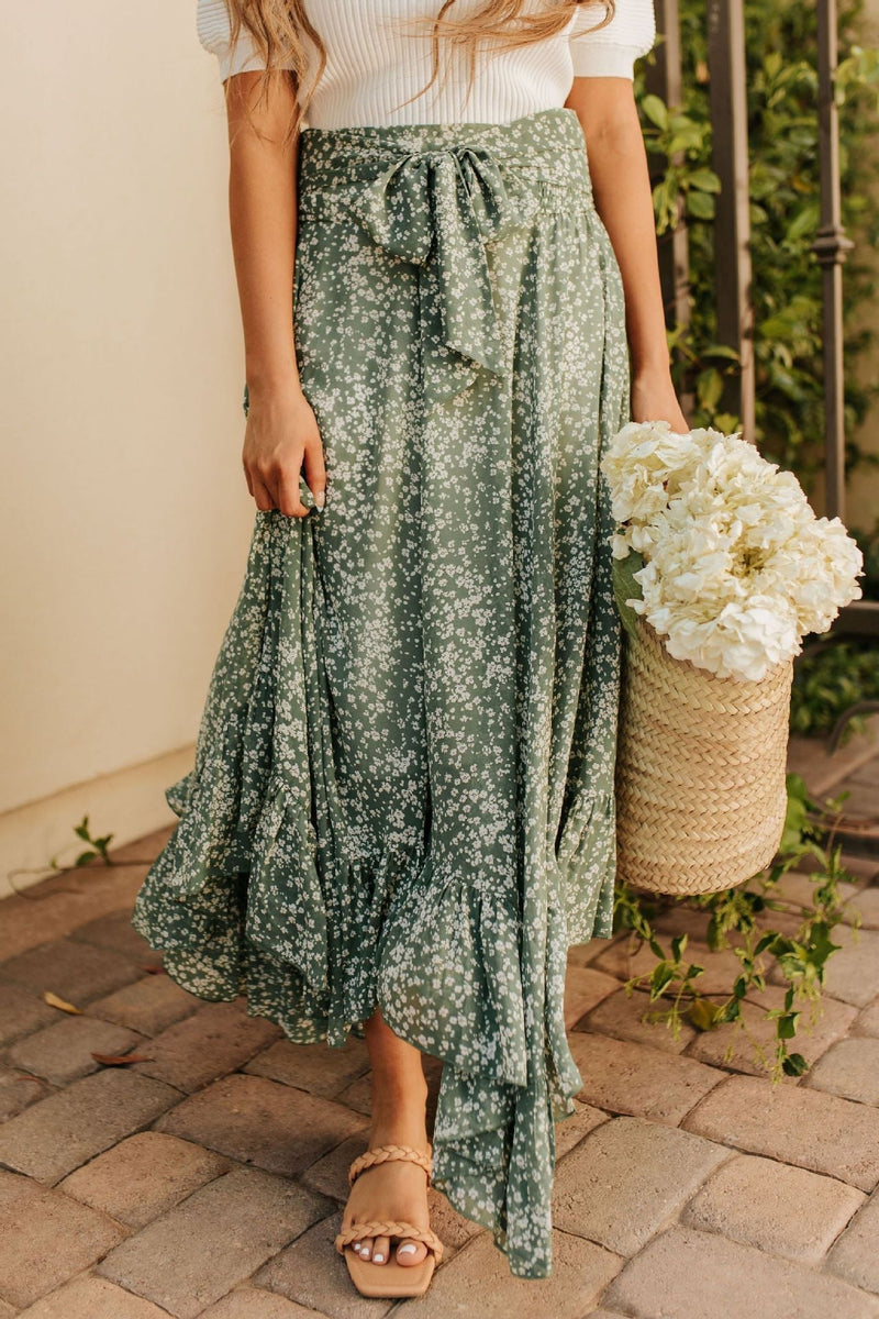 Floral Asymmetric Flounce Belted Maxi Skirt