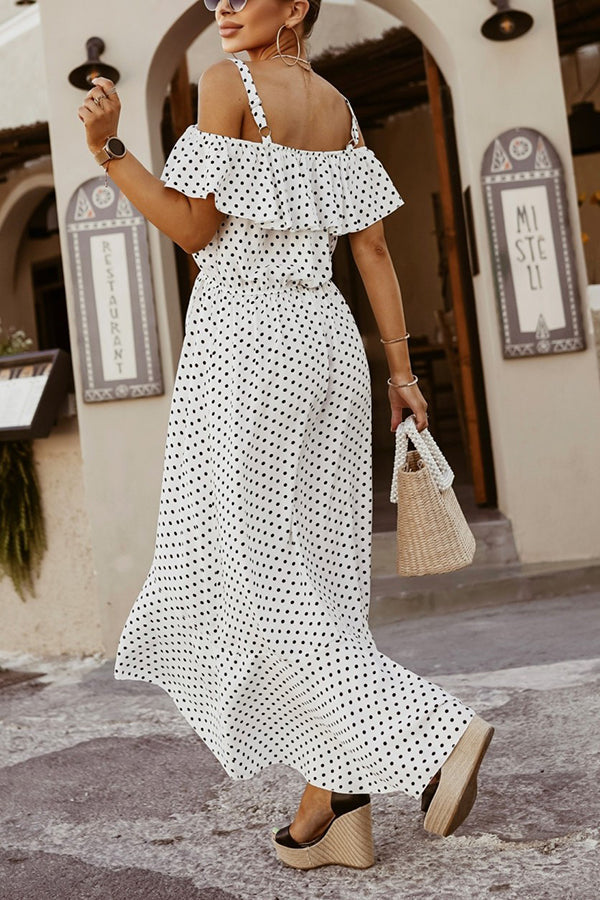 Dot Ruffles Off Shoulder Irregularity Maxi Dress