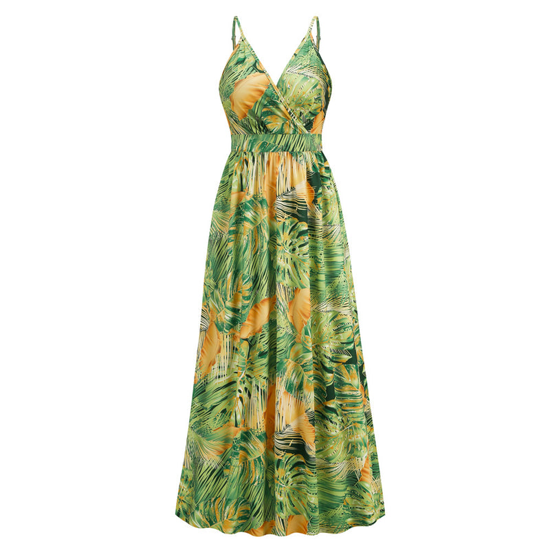 Spaghetti Strap V-Neck Printed Pleated Maxi Dress