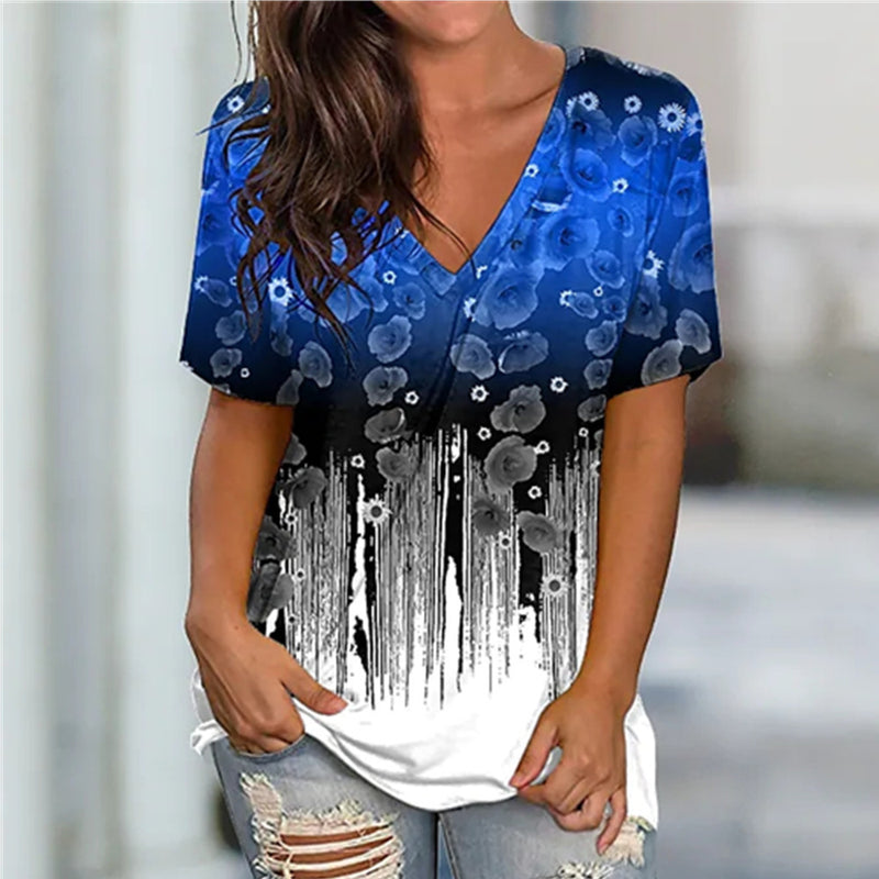 Short Sleeve V-Neck Printed Loose Blouse Top