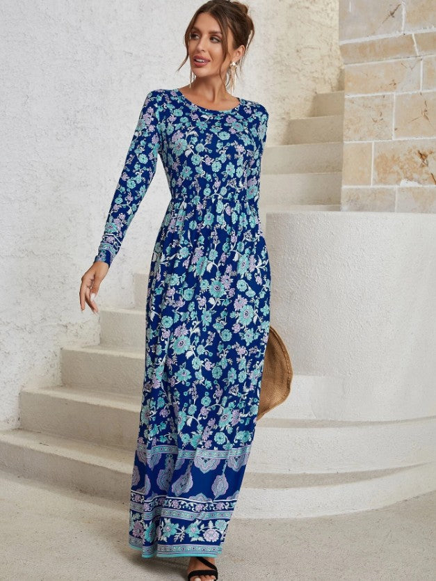 Fashion Floral Print Long Sleeve O-Neck Maxi Dress