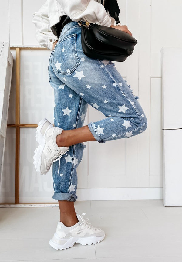 Zip Up Distressed Star Print Jean Pants