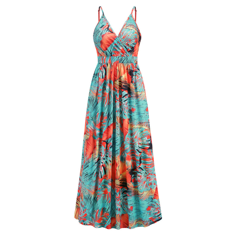 Spaghetti Strap V-Neck Printed Pleated Maxi Dress