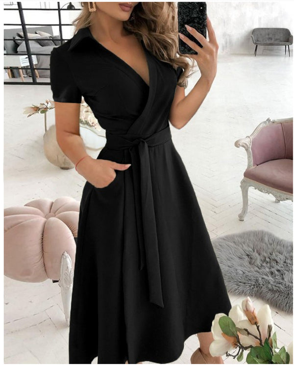 Cross V Neck Waist Tie Short Sleeve Midi Dress