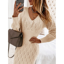 Casual Long Sleeve V Neck Knit Sweater Dress