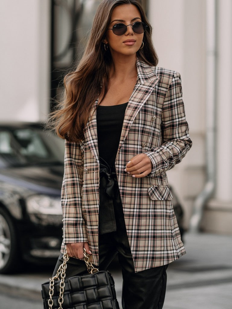 Lapel Collar Double Breasted Plaid Coat