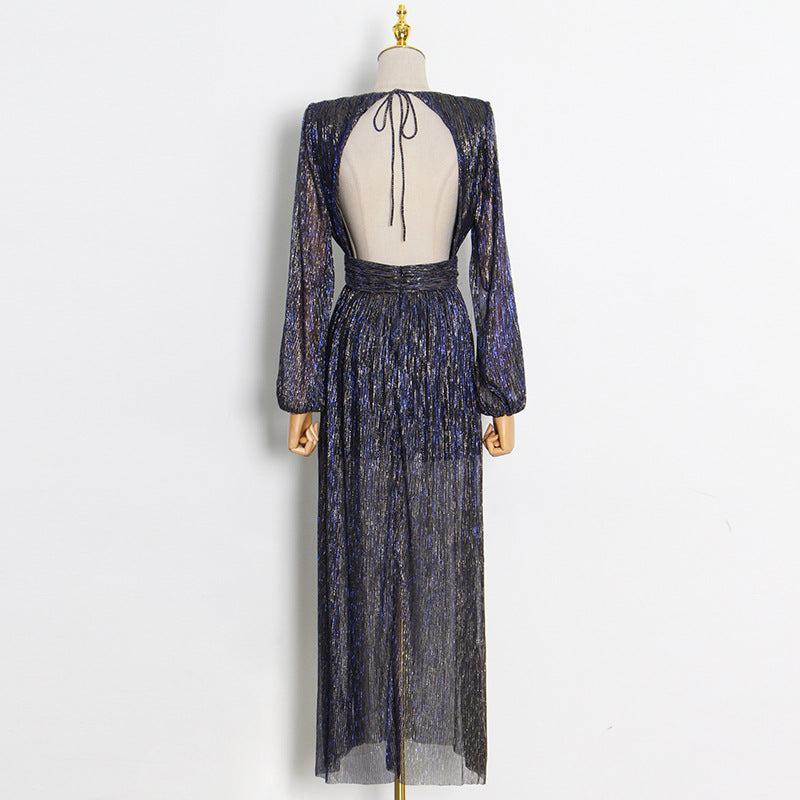 Backless Deep V Neck Long Sleeve Sequins Maxi Dress