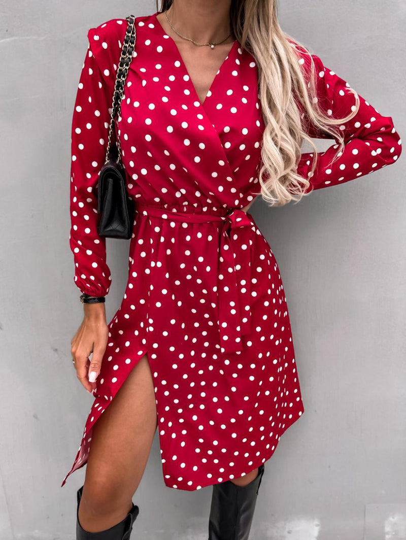 Polka Dot Long Sleeve Deep V Neck Side Split Dress