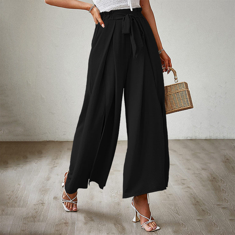 Casual Solid Waist Tie Long Wide Leg Pants