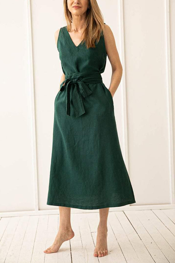 V Neck Sleeveless Belted Midi Dress