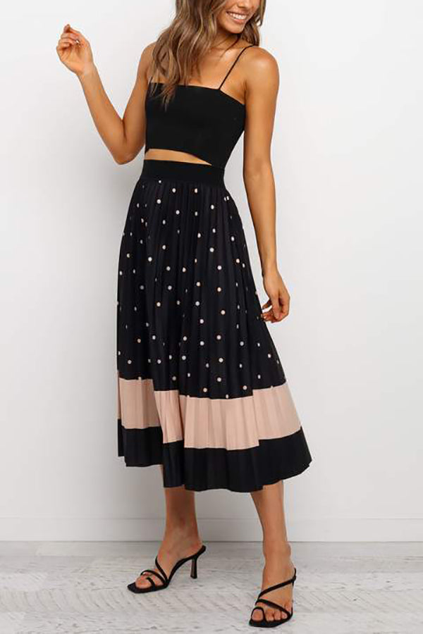 Polka Dot Color Block Pleated Midi Dress