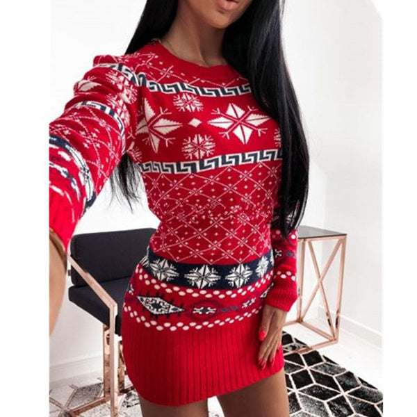 Round Neck Christmas Sweater Mini Dress