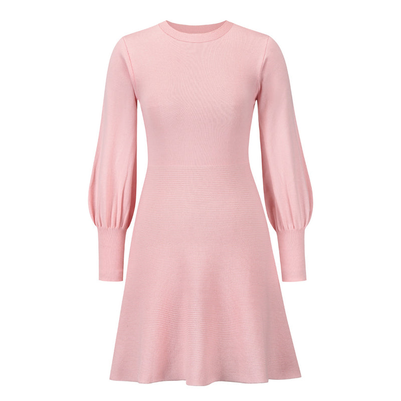 Crew Neck Long Sleeve High Elastic Waist Mini Dress