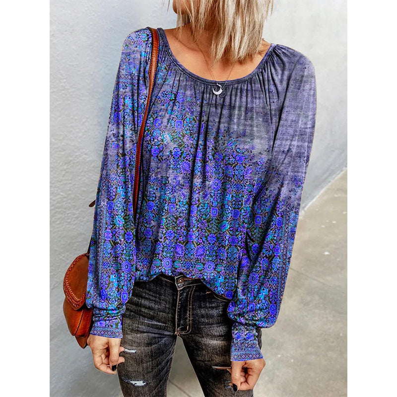 Casual Long Sleeve Scoop Neck Floral Blouse Top