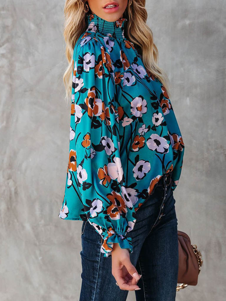 Turtle Neck Casual Long Sleeve Floral Blouse