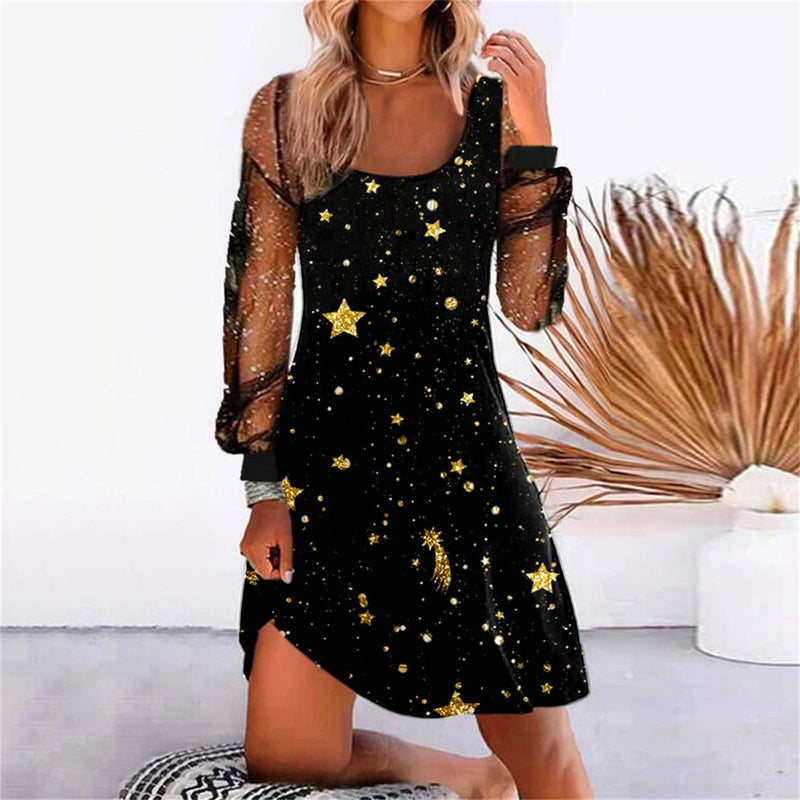 Transparent Long Sleeve Graphic Printed Mini Dress