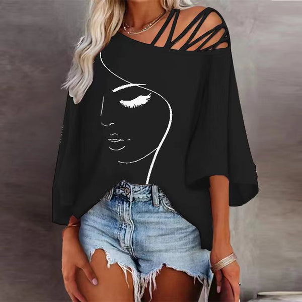 Face Print One Shoulder Wide Sleeve Loose Blouse Top