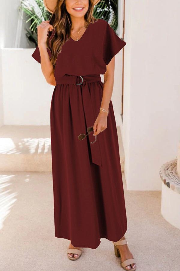 V Neck Belted Maxi Dress