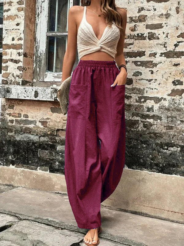 Casual High Waist Pocketed Loose Solid Pants