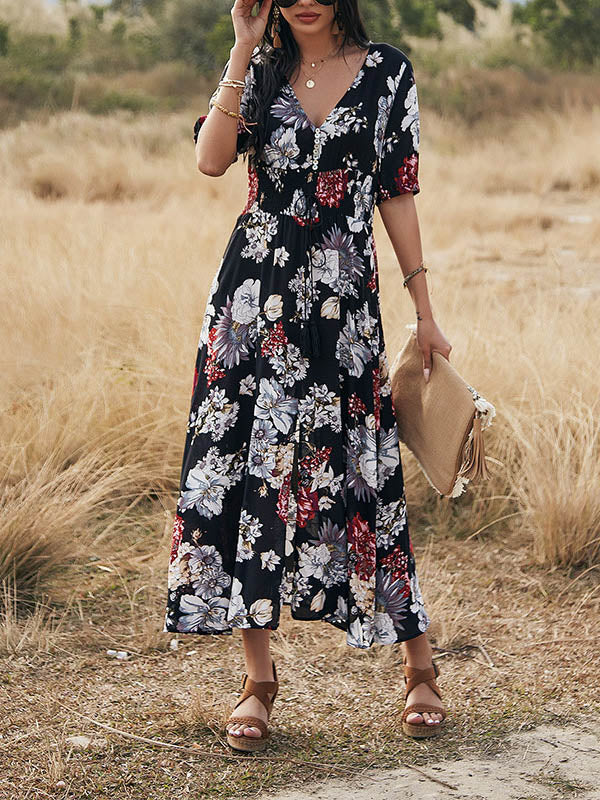 Elegant Short Sleeve V Neck Floral Maxi Dress