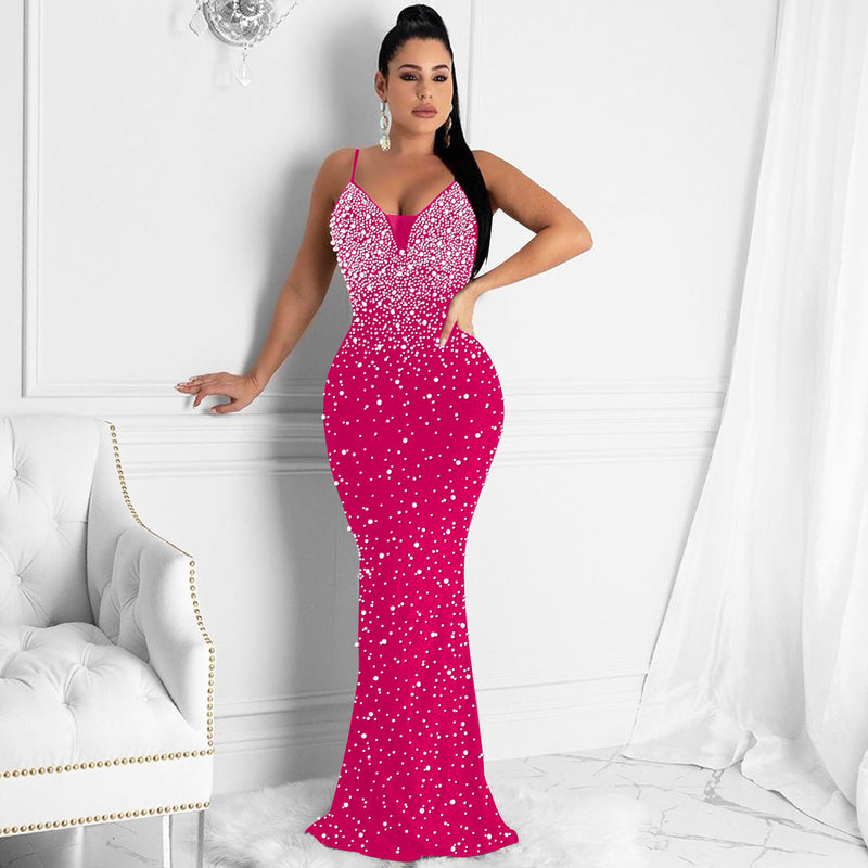 Sequin Spaghetti Strap V-Neck Mermaid Maxi Dress