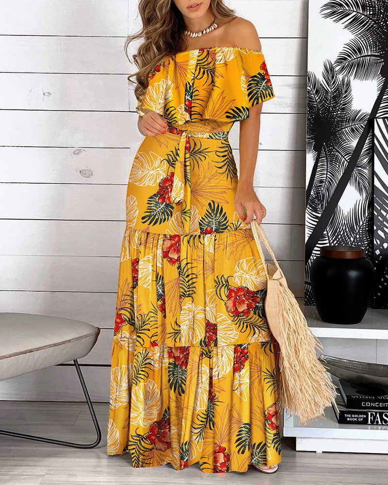 Off Shoulder Waist Tie Maxi Dress