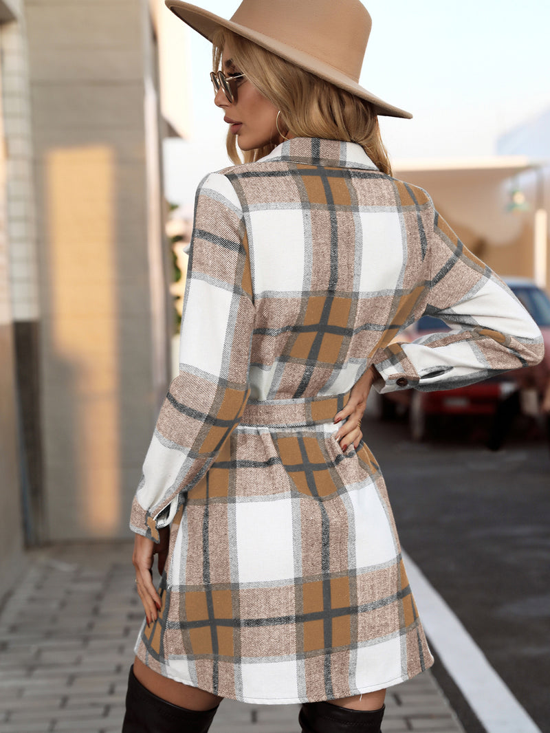 Fashion Long Sleeve Plaid Belted Jacket