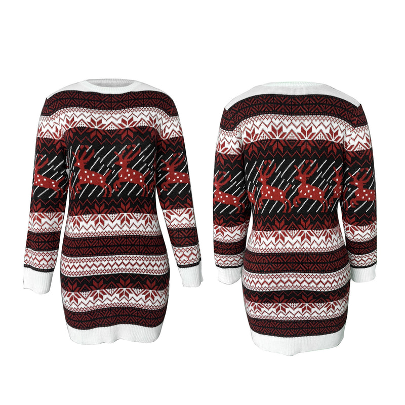 Christmas Print Knitted  Mini Sweater Dress